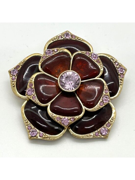 Liz Claiborne Jewelry - Vintage Liz Claiborne Brooch Burgundy Rose Pink Rhinestones Gold Tone Floral